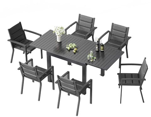 TRIUMPHKEY 6 Personen Gartenmöbel-Set aus Aluminium, 1 Ausziehbarer Tisch (80-160 cm) & 6 stapelbare Stühle Balkon und Terrassen Lounge Set, Dunkelgrau
