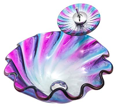 WEYFH Lavabo de baño con Grifo y desagüe, Lavabo de encimera de Vidrio Templado, Lavabo con Forma de Flor, Lavabo artístico.