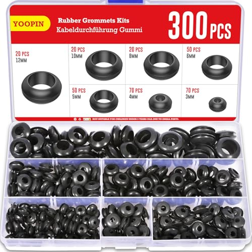 YOOPIN 300PCS Rubber Grommets Kits, 7 Assorted Sizes Electrical Cable Holes | Black Rubber Grommets for Holes, Conductor Gasket Ring Grommet, Electrical Wire Gasket for Protecting Wires, Plugs