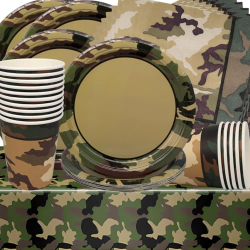 Décoration d'anniversaire, motif camouflage, vaisselle de fête, assiettes d'anniversaire, tasses, serviettes, pour enfants, camouflage vert, chasse, fête de 16 invités