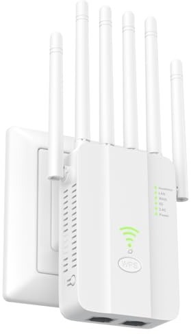 WLAN Verstärker, 1200Mbit/s WLAN Repeater, 6 Antennen Dualband 5GHz + 2.4GHz, WiFi Verstärker mit LAN Ethernet Anschluss, Internet Verstärker mit Allen Geräten, WiFi Range Extender Mit LAN/WAN Port