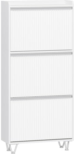 Hzuaneri Schuhschrank mit 3 Klappen, Schuhkipper Schmal, Wellenförmiges Türblatt, Verstellbar, 16-18 Paar, Schuhkommode für Eingang, Flur, Garderobe, 24 x 60 x 146,5 cm, Weiß-Silber SR62103W