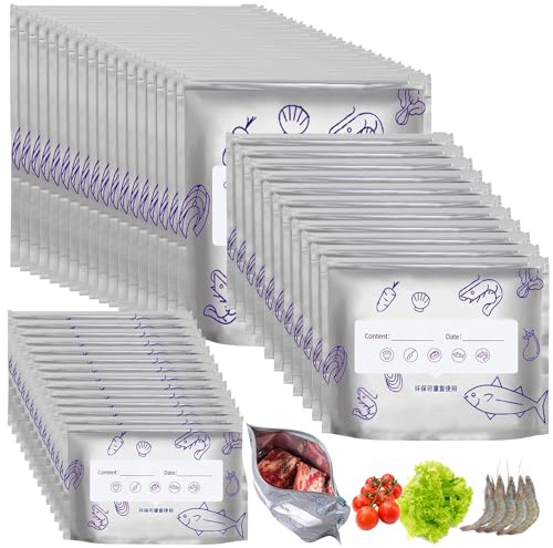 KEAGAN 60PCS Aluminum Foil Fresh-Keeping Bags, 3 Sizes Sealed Food Storage Bag, Reusable Aluminum Foil Sealable Storage Bags, Freezer Bags for Vegetable Fruit Meat Storage and Freezable