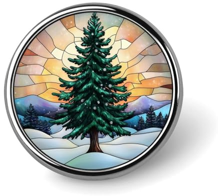 Buntglas-Brosche mit Tannenbaum, verschneiter Winter, Sonnenuntergang, rund, für Männer und Frauen, modisches Abzeichen, Kragen, Anstecknadel, Kleid, Jacke, Rucksack, Zubehör