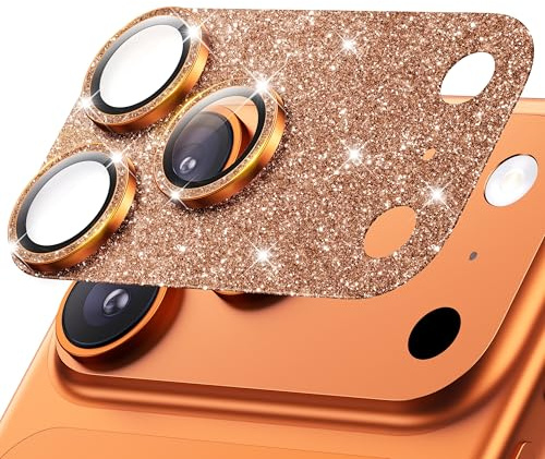 Hoerrye für iPhone 17 Pro Kameraschutz,Glitzer Orange, 1 Stück | 12FT stoßsicher, Militärstandard, starke Haftung, 9H+ Panzerglas, Kamera+Display Vollschutz, kompatibel mit Hüllen