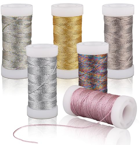 RNHDLY 6 Rollen Metallic Kordel, 300M Goldfaden zum Basteln, Goldene Schnur | Silberfaden Seidenfäden, Metallic Goldschnur für DIY Handwerk, Schmuck, Halskette Machen, 0.4 mm x 50 m/Rolle, (6 Farben)