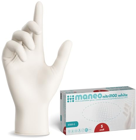 maneo 2000 gants jetables blancs taille S, protections en nitrile non poudrées sans latex, articles en caoutchouc à usage unique, protection résistante pour nettoyage, cuisine et travaux ménagers