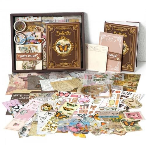 Ästhetisches Scrapbook Zubehör Set, Bullet Journal Kit mit Journaling Scrapbook Zubehör, Scrapbooking Papier mit A6 Grid Notebook Dekorationspapier Aufkleber Klebeband, DIY Geschenk für Mädchen (B)