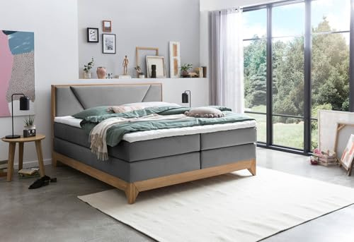 Belanoti Riviera Boxspringbett 200x200 Eiche 7-Zonen Taschenfederkern Matratze inkl Visco Topper Bett 200x200 in der Farbe Anthrazit H2/H3 Polsterbett Hotelbett mit Massivholz Eiche Massivholzbett