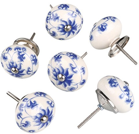Sourcingmap 6 Pieces Vintage Shabby Knobs Floral Hand Painted Ceramic Pumpkin Cupboard Wardrobe Cabinet Drawer Door Handles Pulls Knob, Blue and White Flower