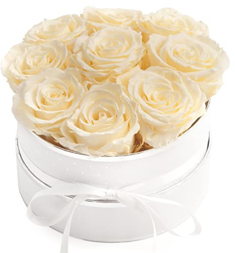 Rosenbox rosa rund Infinity Rosen - Flowerbox 8 echte Rosen haltbar 3 Jahre Durchmesser 15 cm - Geschenk für Frauen (Weiß-Champagner)