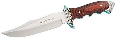 Muela Cuchillo Venecia 21733 hoja de acero de MoVa de 16 cm y empuñadura de madera de coral para Caza, Pesca, Supervivencia y Bushcraft Realizado en Ciudad Real + Portabotellas de regalo