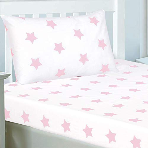 Price Right Home Pink and White Stars Double Fitted Sheet Set (RAP132) | 1 Fitted Sheet & 2 Pillowcases, 48% Cotton 52% Polyester, Machine Washable, Tumble Dry