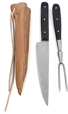 Vehi Mercatus Mittelalter-Besteck in Doppellederscheide (Horn, Messer und Gabel)