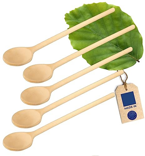 5x HOFMEISTER® Großer Holz-Kochlöffel, 60 cm, Naturprodukt: handgefertigt, plastikfrei, Keine Kratzer im Topf, unbehandelt, hitzebeständig, antibakterieller Rührlöffel, Buche, rund