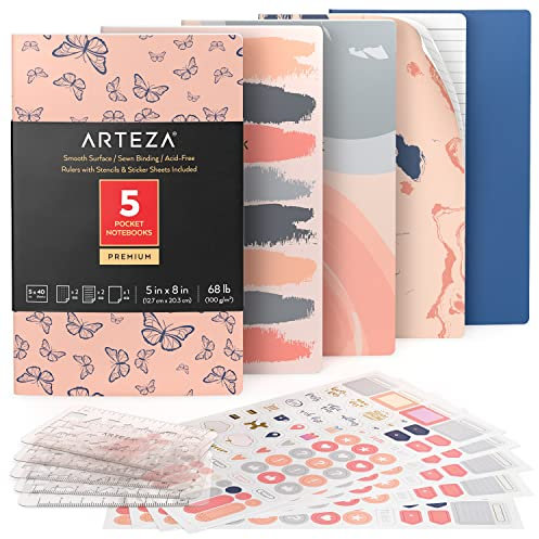 ARTEZA Notizbücher 5er-Set, 12.7 x 20.3 cm, Schmetterling-Designs, 2x Notizbuch liniert, 2x Bullet Journal und 1x Notizbuch weiße Seiten unliniert, fadengenähte Bindung, Softcover, glattes Papier