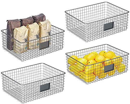 mDesign Allzweckkorb aus Metall – praktischer Aufbewahrungskorb mit Beschriftungsfeld für Küche, Vorratskammer etc. – kompakter und universeller Drahtkorb – 4er-Set – dunkelgrau