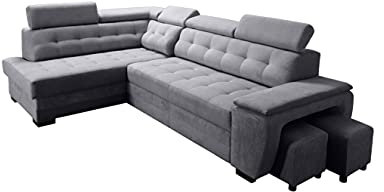 Robin Grand Ecksofa mit Schlaffunktion Bettkasten Kopfstützen Relaxfunktion 2 Hocker Sofa L-Form Schlafsofa Freistehende Eckcouch Schlafcouch Wohnzimmermöbel Wohnlandschaft Links Anthracite