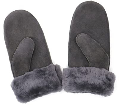 SUPER s6x Lammfell Handschuhe Fäustling Fausthandschuhe Merino Lammfell Dunkel Grau, Damen Größenbeschreibung siehe Produktbeschreibung (S, Grau)