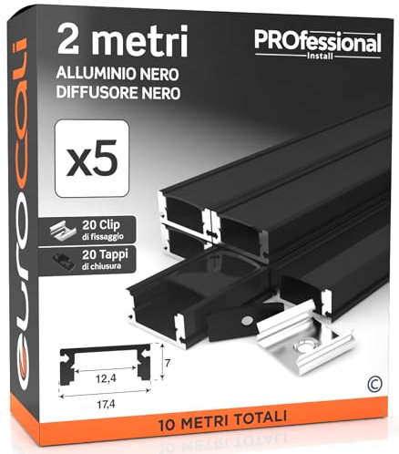 5x Profili da 2 metri (10mt) in Alluminio Nero per Strisce LED Copertura Opaca - larghezza max striscia led 12.4mm - 17.4 x 7