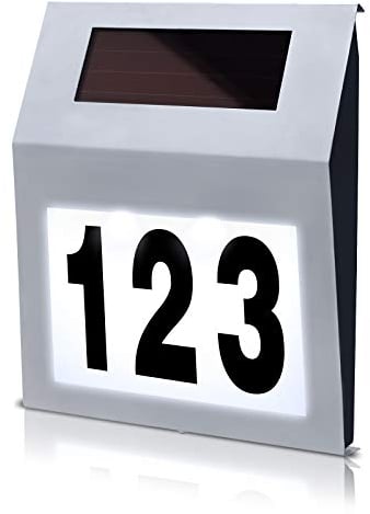 Aufun LED Solarhausnummer Edelstahl - Beleuchtete Hausnummer Mit Dämmerungsschalter Und Amorphem Silizium-Solar-Panel (Silber)