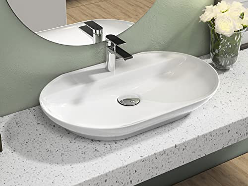 Aqua Bagno | Großes, ovales Aufsatzwaschbecken weiß glänzend, Keramikwaschbecken, Waschschale, Handwaschbecken | 72 cm breit