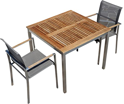 ALEOS. Gartengarnitur Gartenstühle und Tisch Sitzgruppe aus Edelstahl 3-teilig Batyline Bespannung massives A-Grade Teak Holz Set: Tisch 90x90 cm + 2 Sessel Serie Kuba-BRAUN Gastroqualität