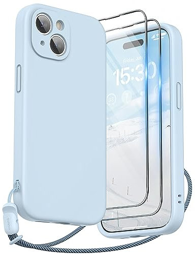 SURPHY Design for iPhone 15 Case, Liquid Silicone Protection for Each Lens [2 x Screen Protectors & 1 x Lanyard] Shockproof Cover for iPhone 15 6.1 inch 2023, Cloud Blue