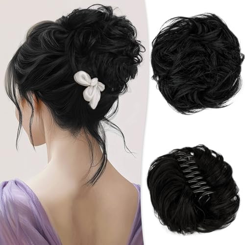 RUWISS Chignon Postiche Cheveux avec Pince à Griffes Chouchou Postiche 100% Cheveux Humains Ondulés Bouclés Queue de Cheval Extensions de Cheveux Naturels à Clips Chignon pour Femmes, Noir Cassé