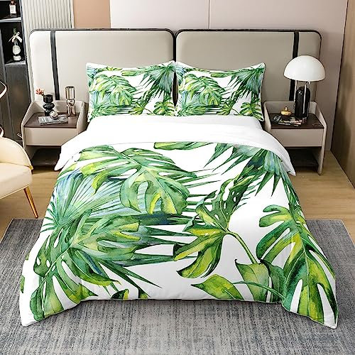 Loussiesd Parure de lit en coton imprimé palmier, motif feuilles de palmier tropical, pour enfants, adolescents, femmes, housse de couette décorative à motif de feuilles vertes, pour très grand lit