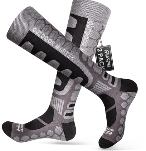 OutdoorMaster 2 Paar Unisex Merinowolle Kompression Skisocken für Damen & Herren, OTC Design/Anti-Rutsch-Bündchen Atmungsaktive Winter Thermal Socken für Snowboarden