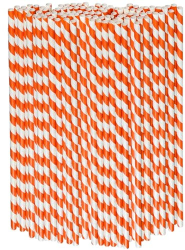 Pailles en papier longues à rayures blanches orange 26 x 0,6 cm – pour boissons, fêtes, tasses hautes, 100 unités, 100% biodégradables