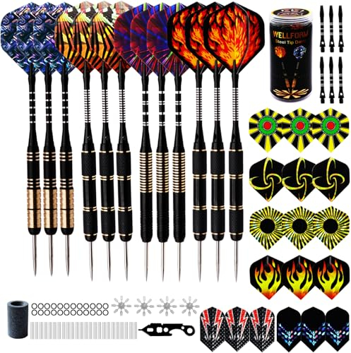 WELLFORM Darts Metal Tip Set, Steel Tip Darts Set 22g and 28g Professional Darts for Dartboard with Darts Guide and Darts Case, Aluminum Shafts, Brass Barrels, Extra Dart Flights, Dart Sharpener,etc.