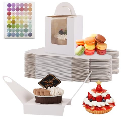 APACALI 100PCS Individual Cupcake Boxes, 9.5 x 9.5 x 11cm Cupcake Boxes Single, Single Cupcake Box with Window and Insert, Muffin Boxes Individual with Handle for Birthday Party Wedding, White