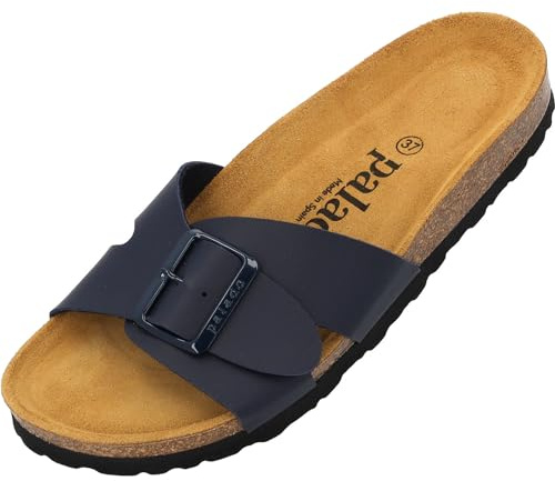 Palado Pantoletten Damen Tinos - bequeme Sandalen Made in Spain - elegante Hausschuhe mit Kork-Fußbett - modische Sommerschuhe Dunkelblau Matt UK9 - EU42