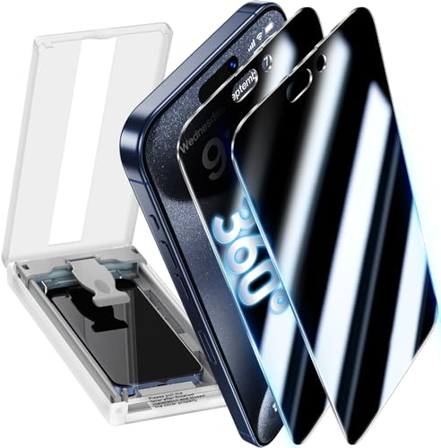 UniqueMe 2 Pack for iPhone 15 pro Privacy Screen Protector, 360° Anti-Spy Full Coverage 4-Way 9H Tempered Glass Film 15 pro Bubble Zero Case Friendly [Automatic Dust Removal] -6.1 Inch