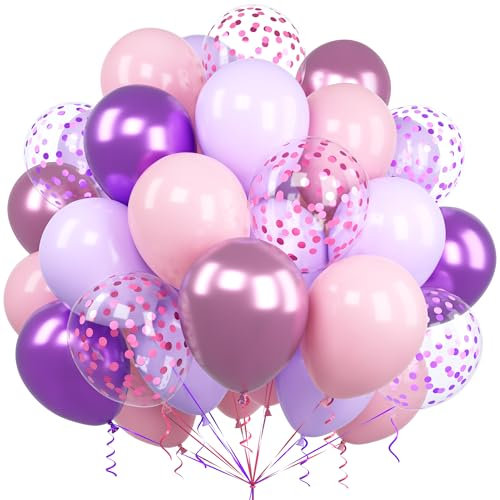 Ousuga Palloncini Rosa e Viola, 60 Pezzi 12 Pollici Palloncini Pastello Metallizzato Rosa Viola Coriandoli Palloncini Lattice per Feste Compleanno Addio al Nubilato Matrimonio Anniversario Baby Shower