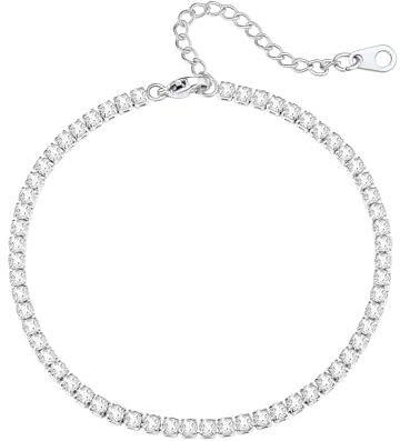 Richsteel Edelstahl Fußkettchen Damen 3mm Breite Runde Weiße Zirkonia Krallenkette 22cm+5cm Verlängerung Kette Silber