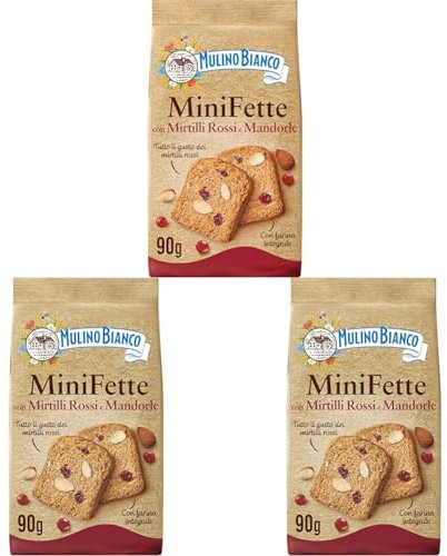 Mulino Bianco Mini Fette con Mirtilli Rossi e Mandorle con Farina Integrale, Ricche di Fibra, Fette Biscottate Integrali Senza Olio di Palma, Ideali per Pausa Golosa o Colazione, 90 g