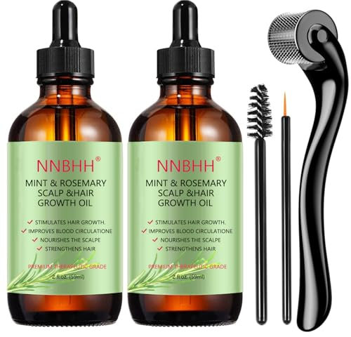 Menthe poivrée Huile essentielle de Romarin et Derma Roller 0.5mm pour la croissance des cheveux, les soins de la peau, la croissance des sourcils et des cils pour