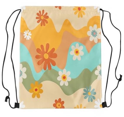 Loussiesd Retro Hippie Blume Turnbeutel 30x40cm Regenbogen Sportbeutel Cartoon Floral 60S 70S Groovy Blossom Gymsack Sportsack für bunte Streifen Rucksack mit Kordelzug