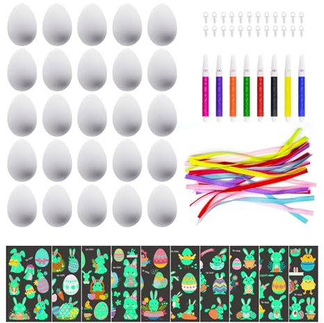 25 Stück DIY Ostereier Plastik 6x4 cm, Weiß Eiermalset, 10 Stück Ostern Leuchtendes Aufkleber Fensterbilder, Ostereier Zum Aufhängen mit 25 Stück Schnur 8 Pinsel，Osterdeko Basteln Set Für Kinder