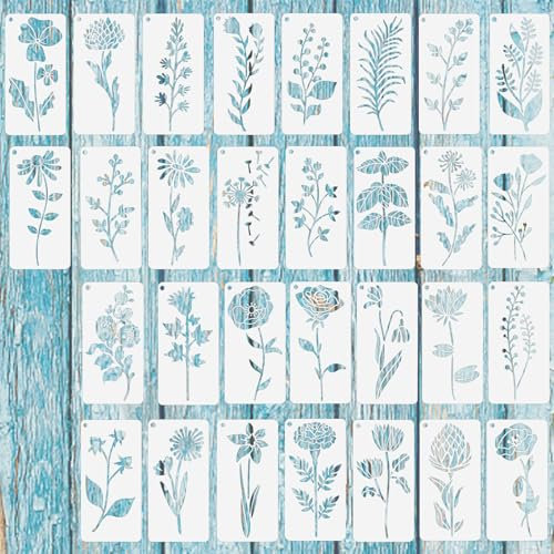 Nogeqi 30 Stück Blumen Schablonen Textilgestaltung, Rosen Wildblumen Kirschblüte Kunststoff Wiederverwendbar Plant Flower Stencils for Painting zum Malen auf Holz Wand Papier Stoff Scrapbooking