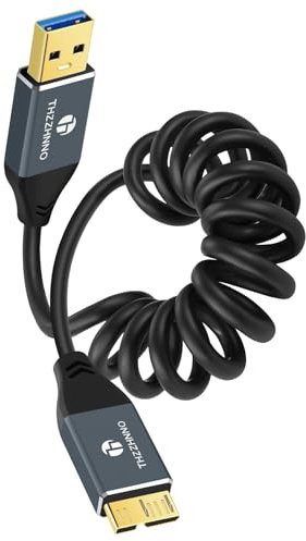 Thzzhnno Coiled USB 3.0 Micro B Cable, 5Gbps USB Type A Male to Micro B Coiled Lead for Hard Drive,Toshiba Canvio, Galaxy S5 Note 3, Camera (Extend up95mm to 1M)