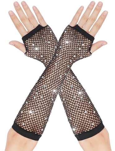 HaiFafafaing Schwarze Netzhandschuhe Fishnet Gloves Handschuhe Strass Glitzer Netzhandschuhe Retro Nylon für Hochzeit Kostüm Zubehör Disco Maskerade Partyzubehör (Schwarz)