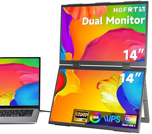 HGFRTEE Doppelter faltbarer Monitor, 14 Zoll (35,6 cm), FHD 1200p, IPS, 60 Hz, tragbarer Monitor USB-C / HD, ultradünn, mit verstellbarer Halterung, kompatibel mit PC, Mac, Smartphone, PS5