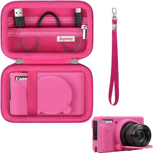 Supmay Cassa per SX740 SX730 Camera, SX740 SX730 HS Camera Case Bundle, Includere Cassa di trasporto dura* 1 + Cassa della fotocamera in silicone morbido * 1, Rosso rosa