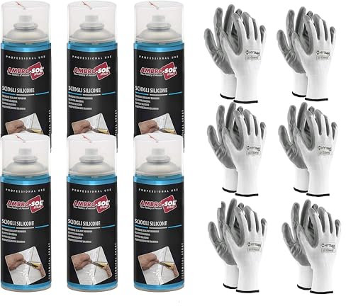 HYTAMA TOOLS Sciogli Silicone, Rimuove Il Silicone e Relativi Residui Senza Aggredire Le Superfici, Agisce Rapidamente, Spray 6 x 400 ml Il Kit Comprende 6 Paia Guanti Nitrile