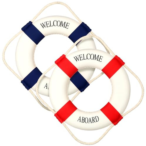 Vercraft Rettungsring, Wanddekoration, großer Rettungsring, dekorativ, Willkommen an Bord, mediterraner Stil, Dekoration, nautischer Pool-Sicherheitsring für Schwimmschlauch, Hauswand, Fenster, Rot