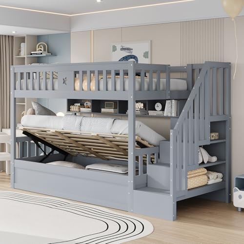 NNJN 90 x 200 cm, Letto in Legno Naturale, Soppalco con Sottoletto Idraulico, Scala di Stoccaggio, Scaffali, Letto per Ragazzi (Grigio Type2)
